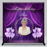 Lofaris Custom Happy Birthday Mum Photo Backdrop Elegant Purple Drapes and Balloons Personalized Gift for Mom Decor